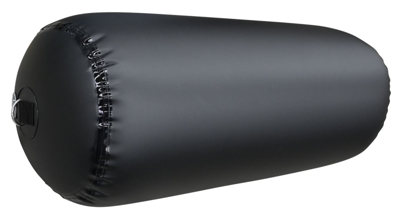 Angled view of a black inflatable cylinder fender, showing a close-up of the reinforced seams and attachment point.