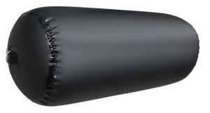 Angled view of a black inflatable cylinder fender, showing a close-up of the reinforced seams and attachment point.