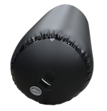 Front view of a black inflatable cylinder fender standing upright with a top-mounted D-ring and inflation valve.