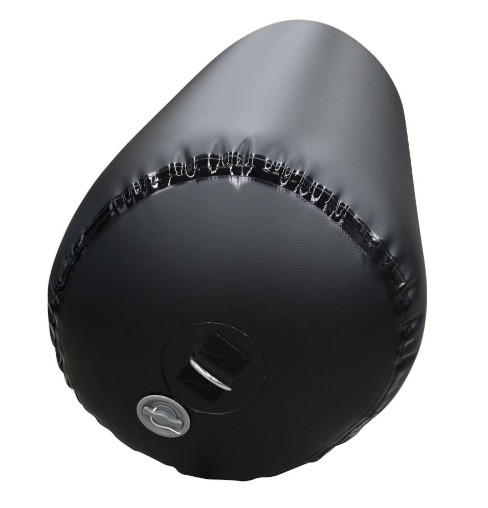Front view of a black inflatable cylinder fender standing upright with a top-mounted D-ring and inflation valve.