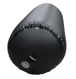 Front view of a black inflatable cylinder fender standing upright with a top-mounted D-ring and inflation valve.