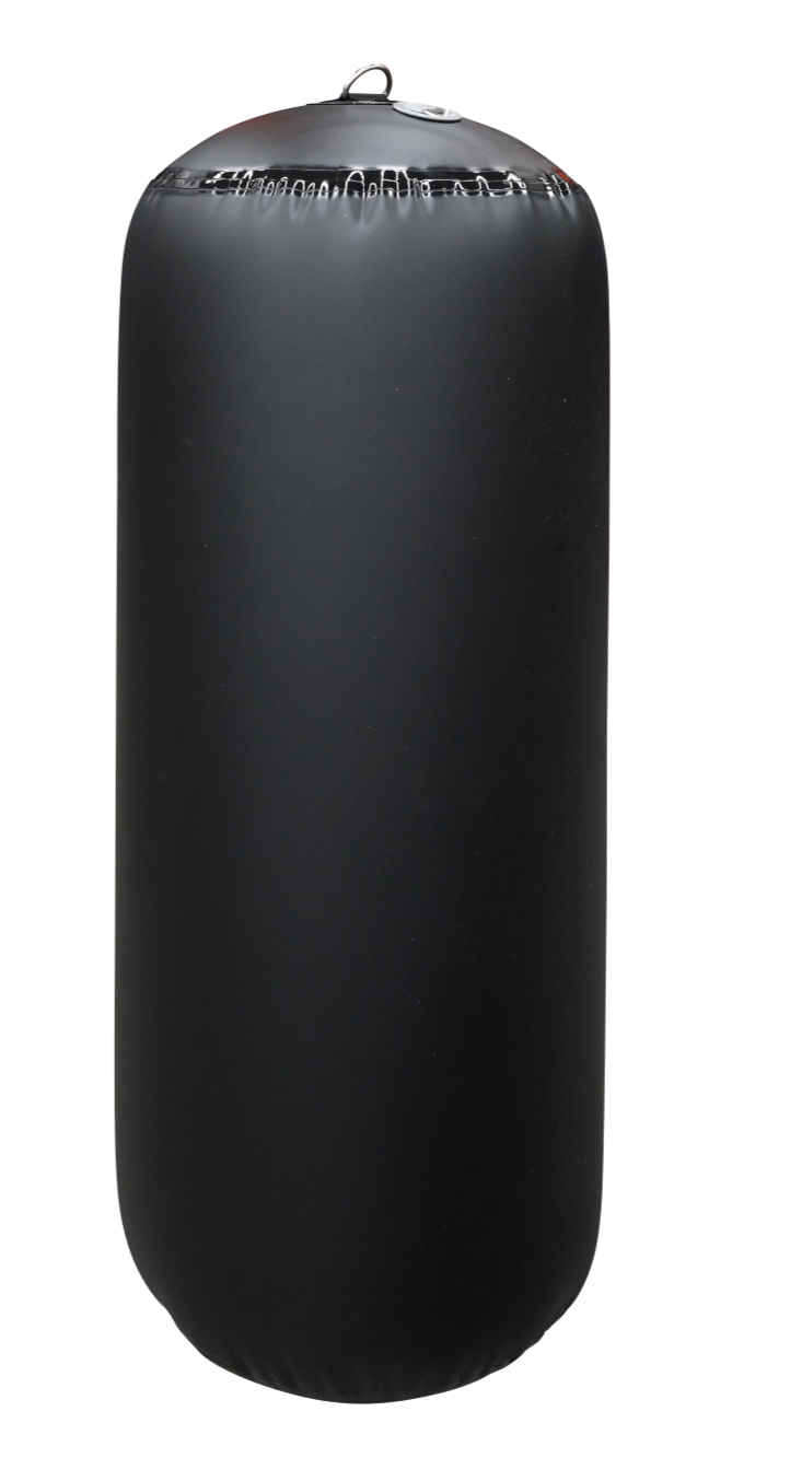 Upright view of a black inflatable cylinder fender, highlighting the inflation valve and reinforced attachment loop.