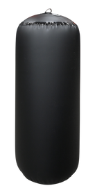 Upright view of a black inflatable cylinder fender, highlighting the inflation valve and reinforced attachment loop.