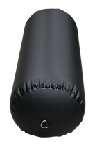 Top view of a black inflatable cylinder fender, showing the secure D-ring attachment and reinforced seam stitching.