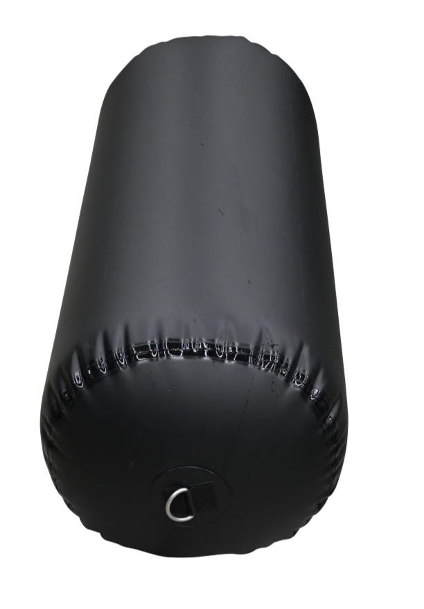 Top view of a black inflatable cylinder fender, showing the secure D-ring attachment and reinforced seam stitching.