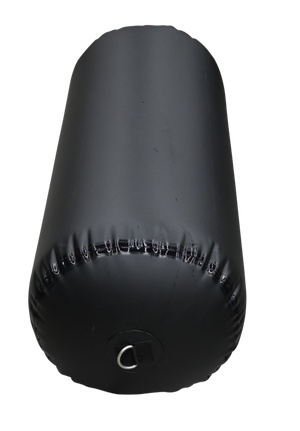 Top view of a black inflatable cylinder fender, showing the secure D-ring attachment and reinforced seam stitching.