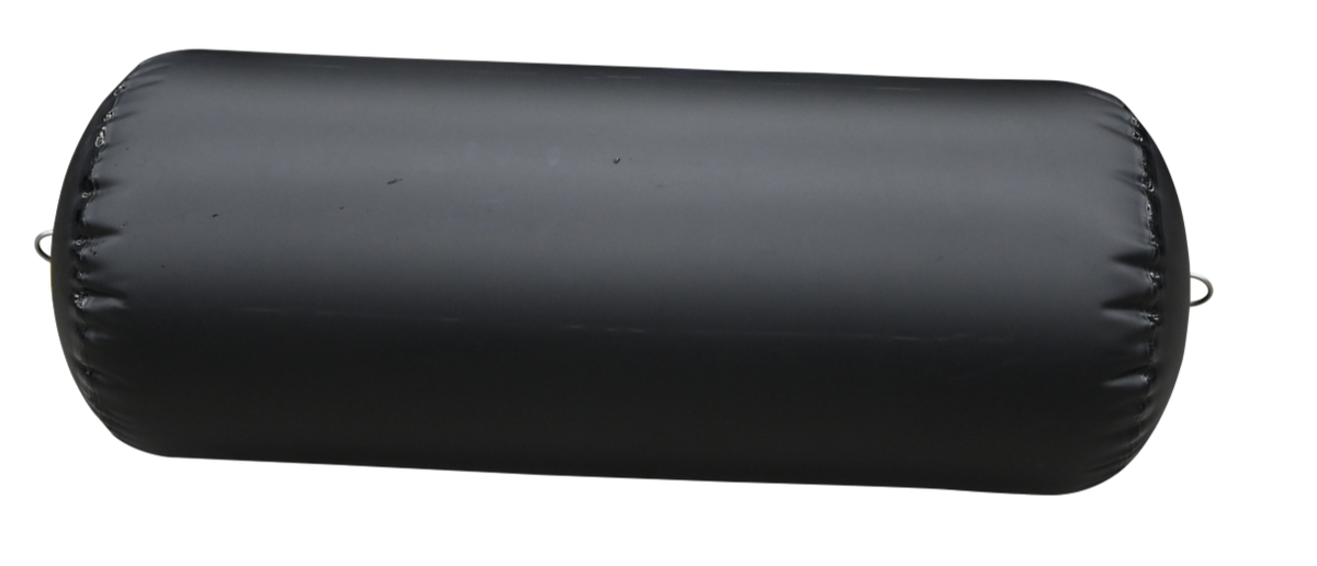 Side view of a black inflatable cylinder fender, highlighting the inflation valve and reinforced attachment loop.