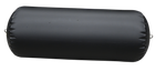 Side view of a black inflatable cylinder fender, highlighting the inflation valve and reinforced attachment loop.