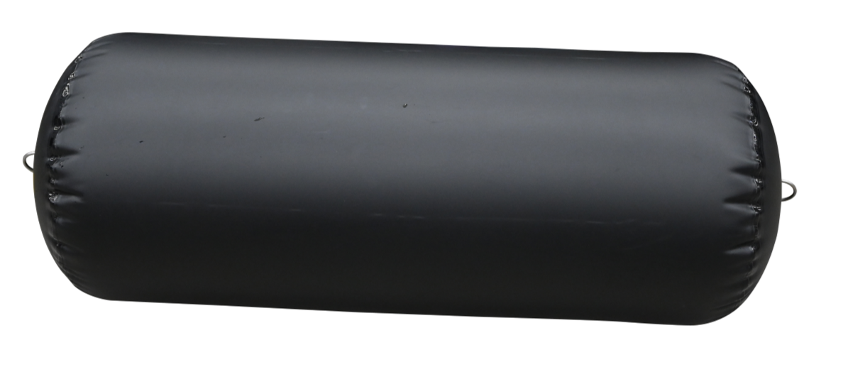 Side view of a black inflatable cylinder fender, highlighting the inflation valve and reinforced attachment loop.