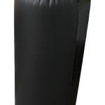 Upright view of the Cylinder Inflatable Fender, a black fender with a top metal D-ring and a side inflation valve.