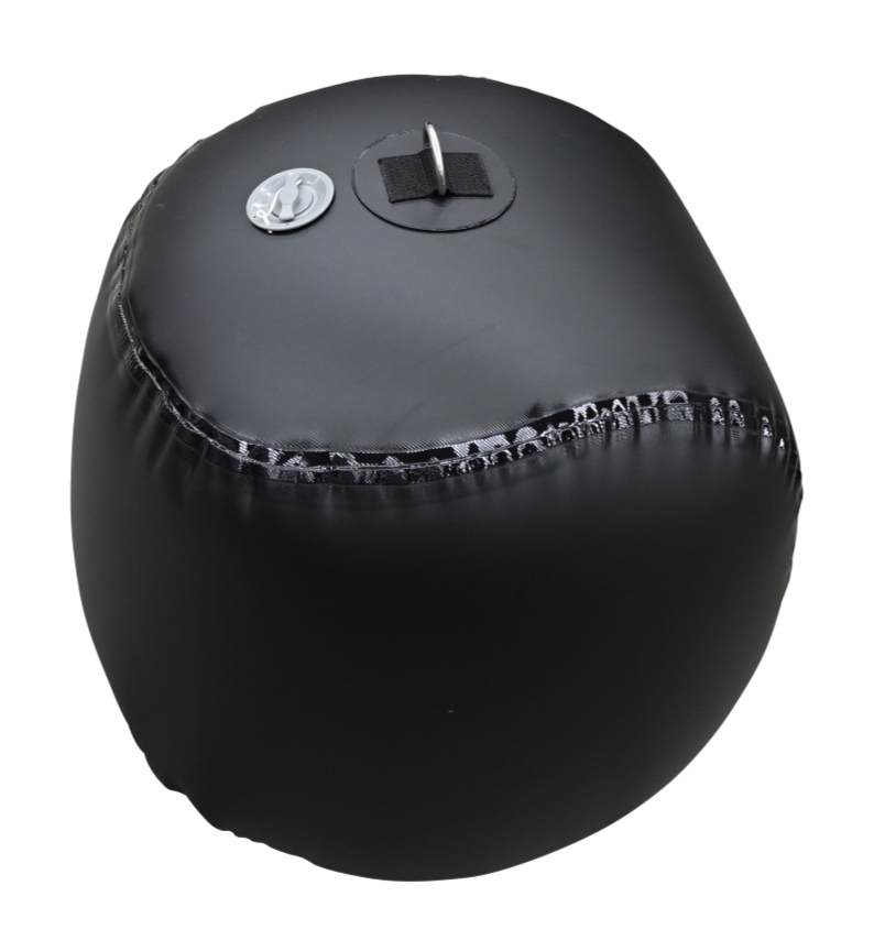 Angled view of a black Sphere Inflatable Fender showing its durable material, air valve, and metal D-ring for securing.