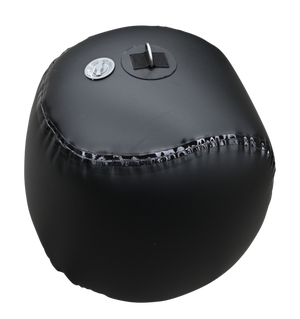 Angled view of a black Sphere Inflatable Fender showing its durable material, air valve, and metal D-ring for securing.