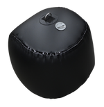 Top angle view of a black Sphere Inflatable Fender with a reinforced seam, air valve, and metal D-ring attachment on top.