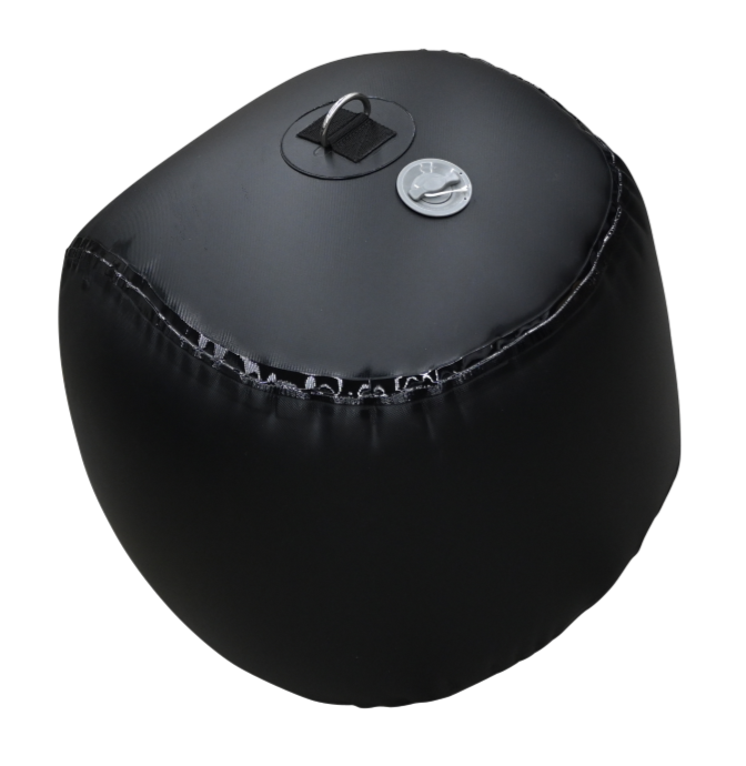 Top angle view of a black Sphere Inflatable Fender with a reinforced seam, air valve, and metal D-ring attachment on top.