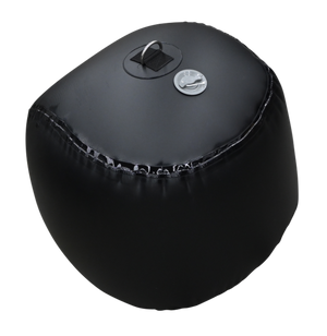 Top angle view of a black Sphere Inflatable Fender with a reinforced seam, air valve, and metal D-ring attachment on top.