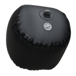Angled view of the Sphere Inflatable Fender, a glossy black inflatable fender with a top D-ring and a side inflation valve.