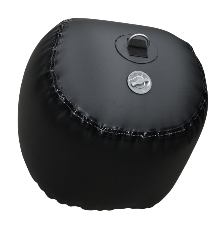Angled view of the Sphere Inflatable Fender, a glossy black inflatable fender with a top D-ring and a side inflation valve.