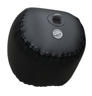 Angled view of the Sphere Inflatable Fender, a glossy black inflatable fender with a top D-ring and a side inflation valve.