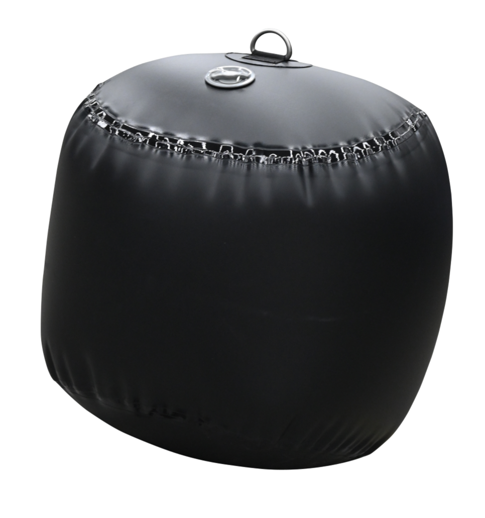 Side view of a black Sphere Inflatable Fender with a smooth, rounded shape, reinforced seams, and a secure attachment point.