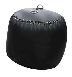 Side view of a black Sphere Inflatable Fender with a smooth, rounded shape, reinforced seams, and a secure attachment point.