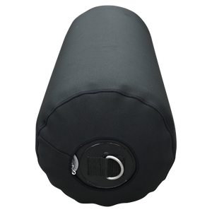 Front view of the Cylinder Inflatable Fender with NEO Fender Cover, a black fender with a soft cover and metal D-ring.