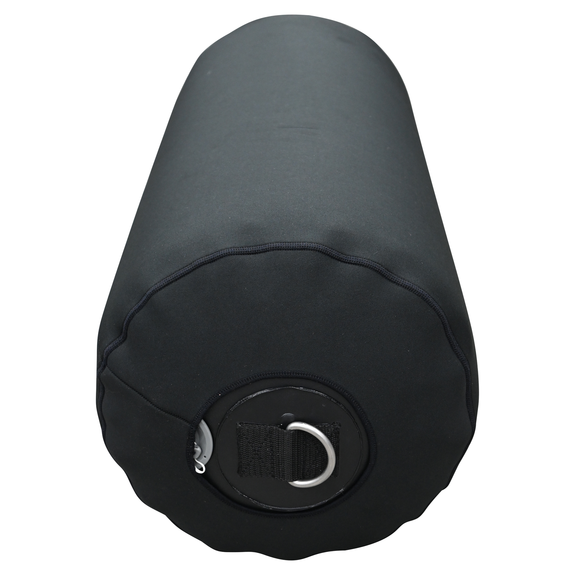 Front view of the Cylinder Inflatable Fender with NEO Fender Cover, a black fender with a soft cover and metal D-ring.