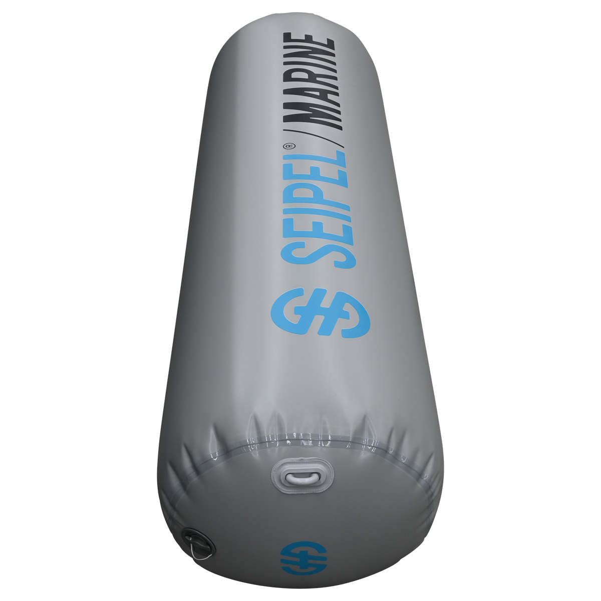 Angled view of the 5' Boat Bumper in gray with blue branding, highlighting the inflation valve and attachment rings.