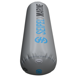 Angled view of the 5' Boat Bumper in gray with blue branding, highlighting the inflation valve and attachment rings.