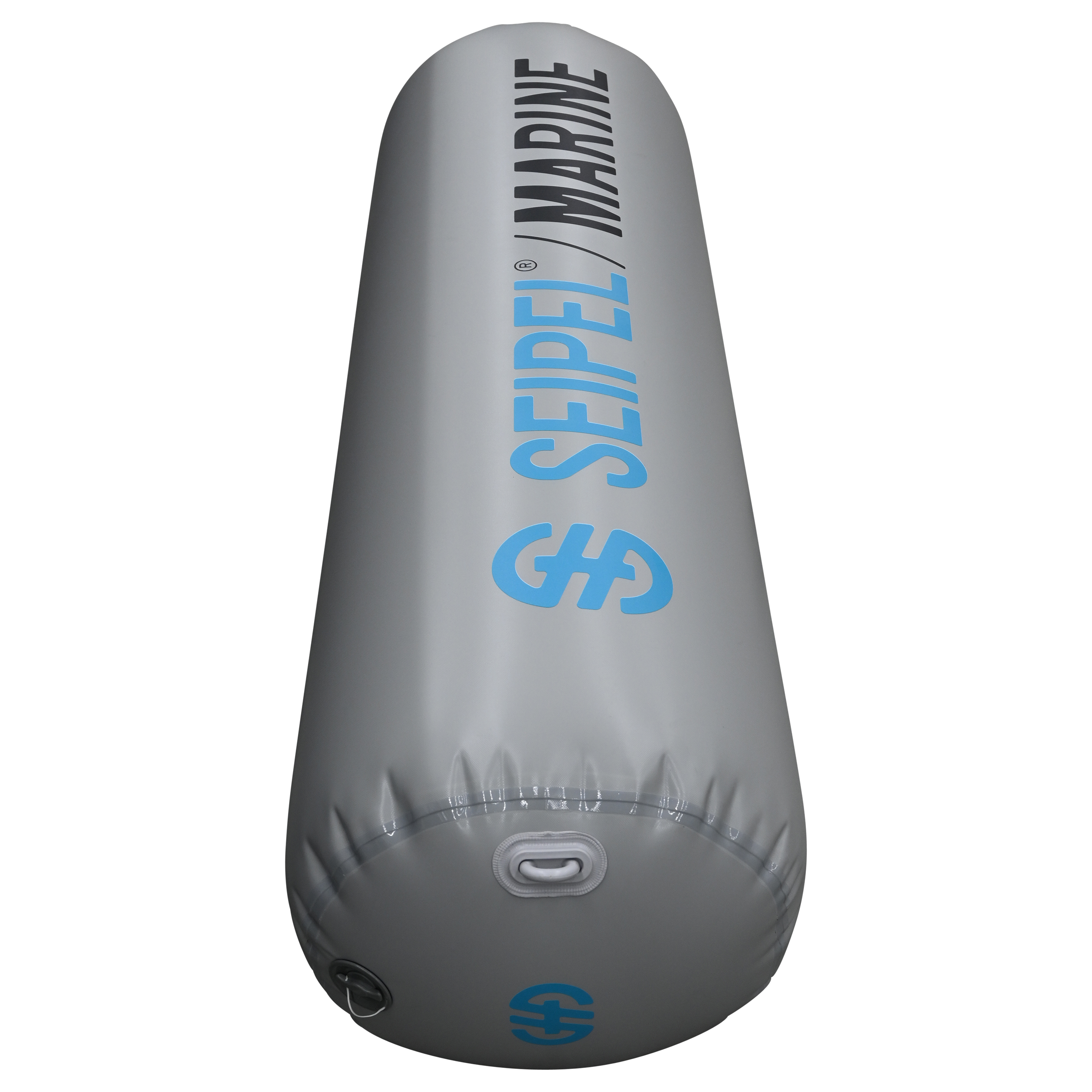 Angled view of the 5' Boat Bumper in gray with blue branding, highlighting the inflation valve and attachment rings.