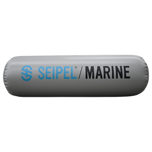 Side view of the 5' Boat Bumper in gray with blue and black branding, showing a cylindrical shape and smooth surface.