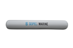 Side view of the 10' Boat Bumper in gray with blue and black branding, showing a cylindrical shape and smooth surface.