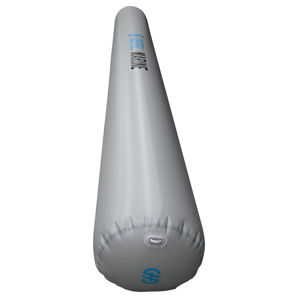 Angled view of the Boat Bumper in gray, highlighting the inflation valve and durable material.