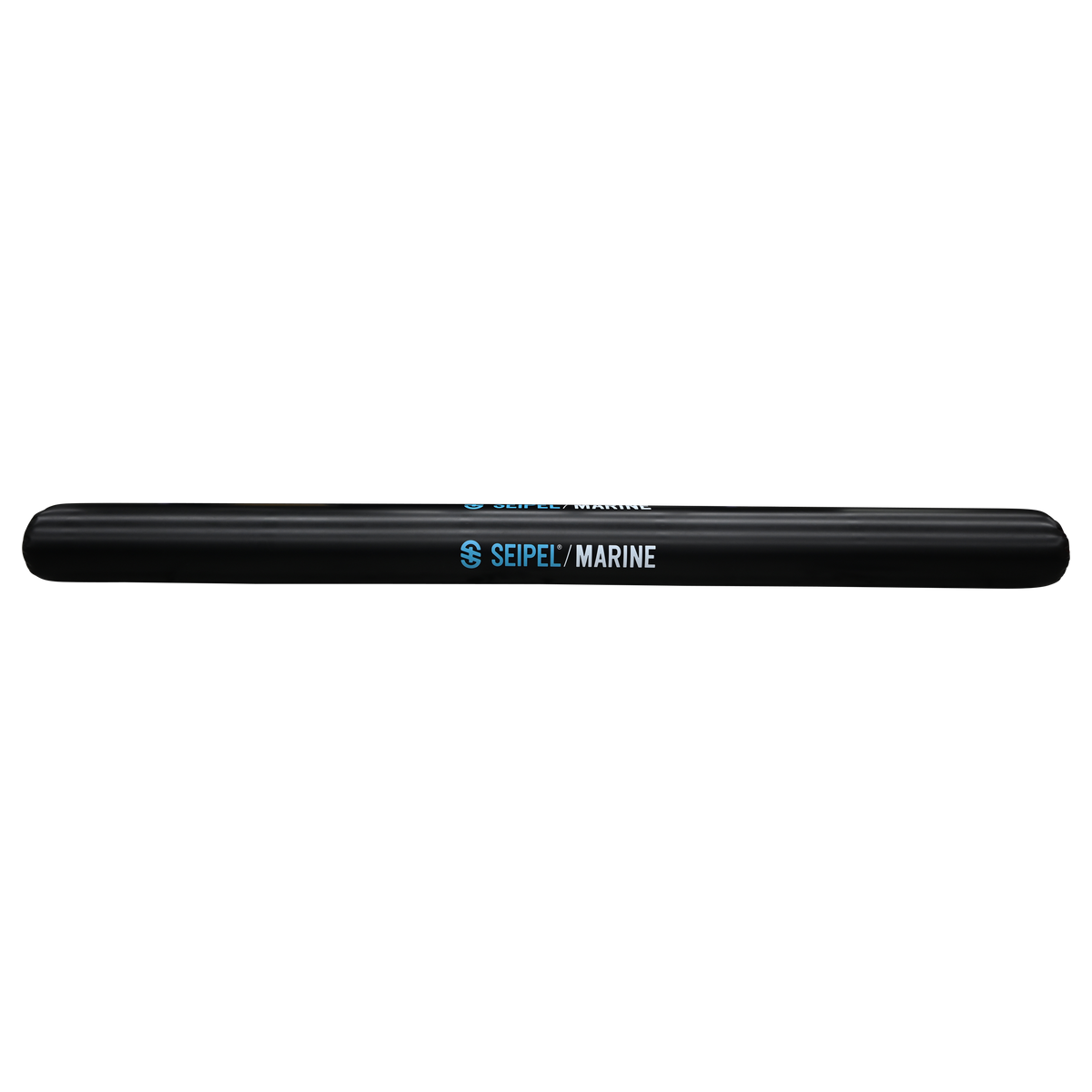 Side view of the 20' Boat Bumper in black with blue branding, showing a long cylindrical shape and smooth surface.