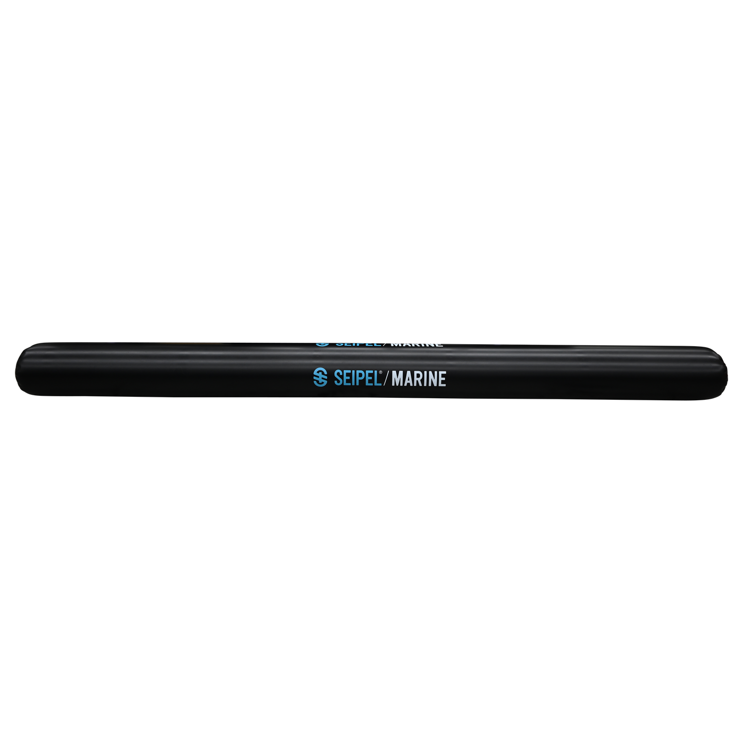 Side view of the 20' Boat Bumper in black with blue branding, showing a long cylindrical shape and smooth surface.