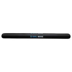 Side view of the 20' Boat Bumper in black with blue branding, showing a long cylindrical shape and smooth surface.