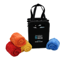 A red, yellow and orange microfiber towel rolled up, stacked in a pyramid next to a black bag holding 4 bottles of cleaner spray showing Seipel Marine Logo in white with blue accents and a fourth blue microfiber towel rolled to the right.