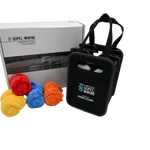 Seipel Marine cleaner kit with a white box, black carrying case, four spray bottles, and rolled plush towels in four colors.