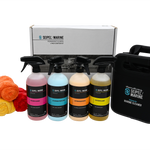Seipel Marine cleaner set displayed with a black carrying case, four cleaner bottles, and colorful plush towels.