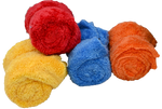 Rolled Plush Detailing Towels in red, blue, orange, and yellow, stacked in a pile.