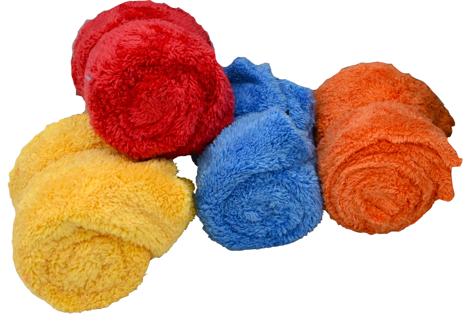 Rolled Plush Detailing Towels in red, blue, orange, and yellow, stacked in a pile.
