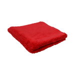 Angled view of the Plush Detailing Towel in red, neatly folded with a thick microfiber design.