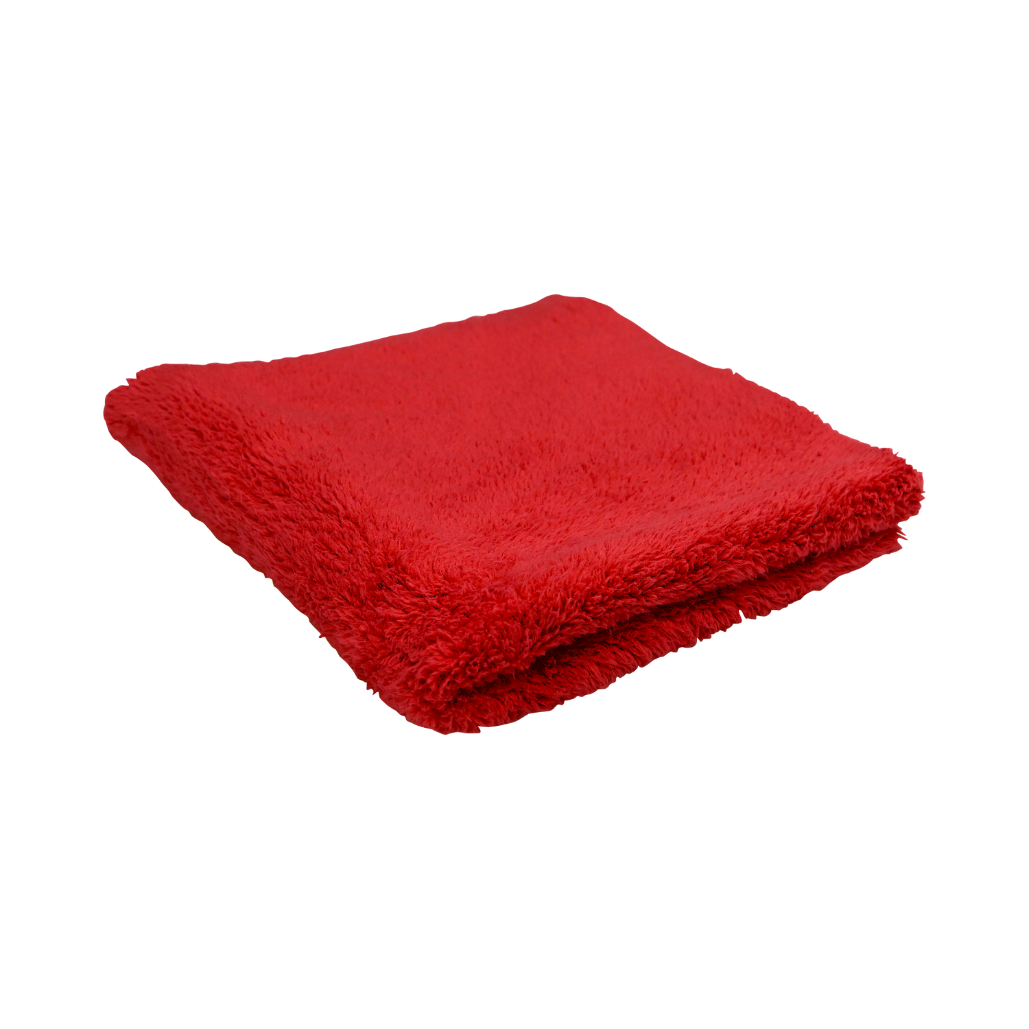 Angled view of the Plush Detailing Towel in red, neatly folded with a thick microfiber design.