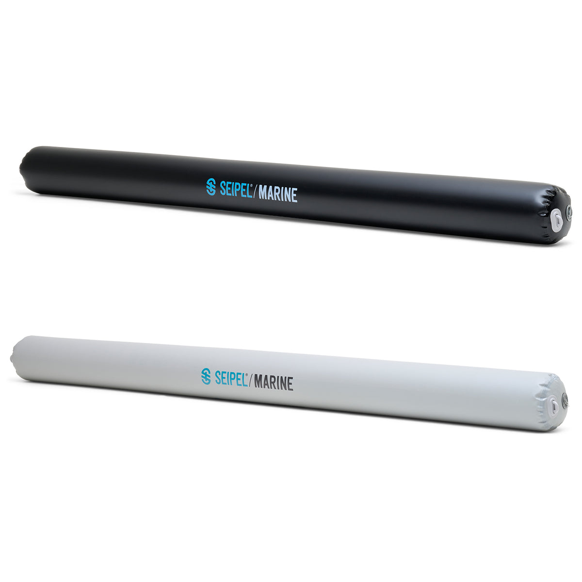 Seipel Marine inflatable boat bumper shown in black and gray color options.