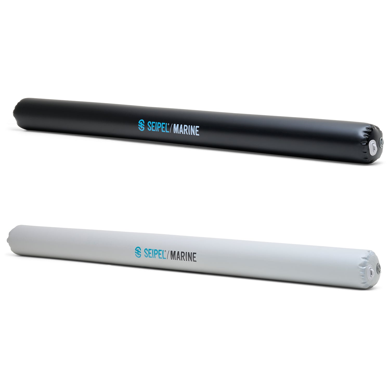 Seipel Marine inflatable boat bumper shown in black and gray color options.