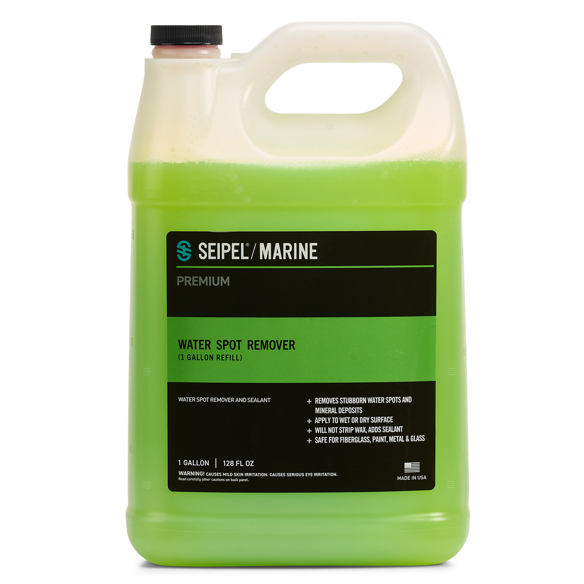 Gallon jug of green Seipel Marine water spot remover.