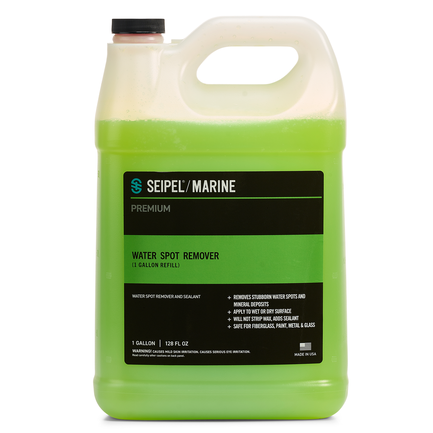 Gallon jug of green Seipel Marine water spot remover.