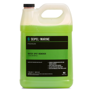 Gallon jug of green Seipel Marine water spot remover.