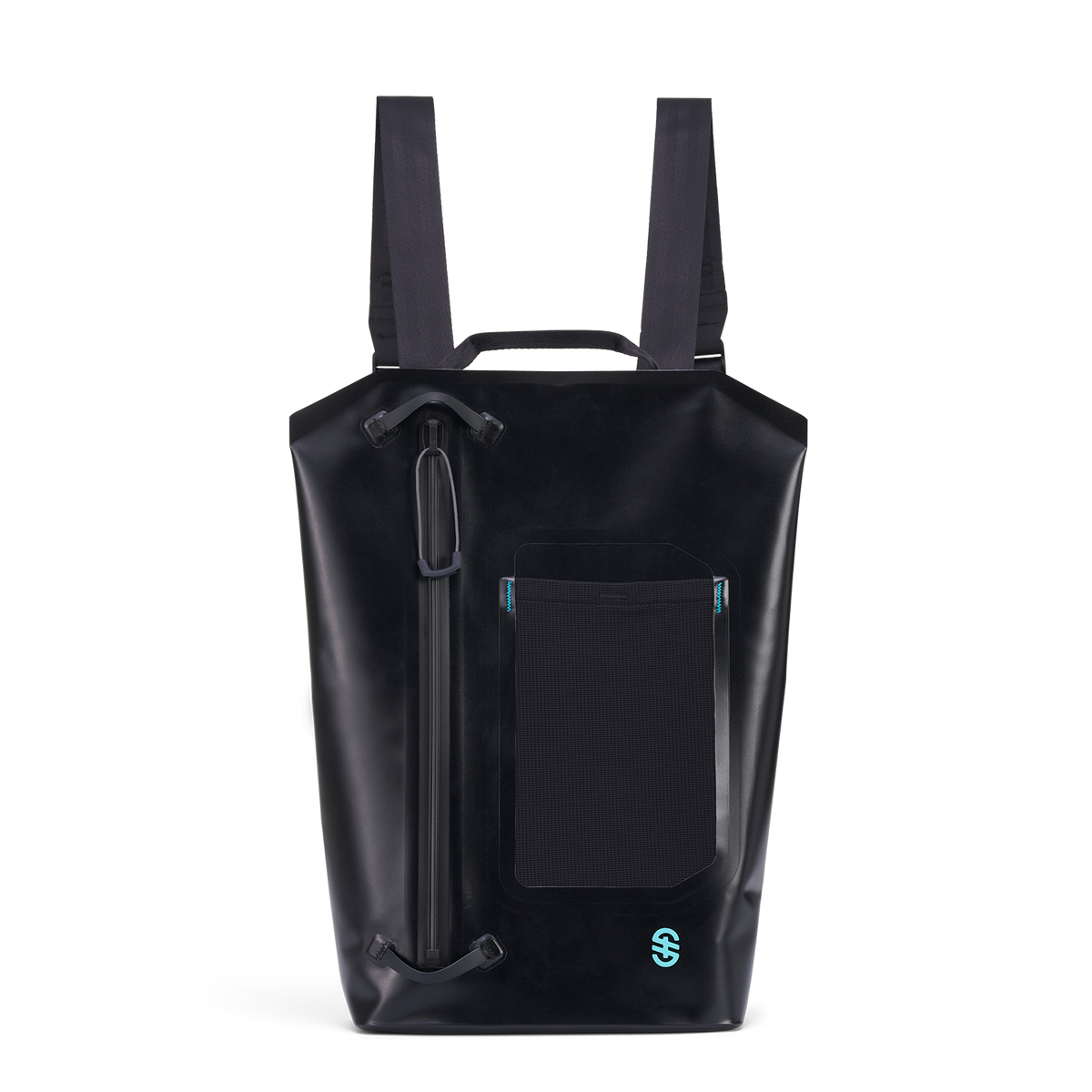 Front view of Backpack with black waterproof shell, vertical zip closure, and front mesh bottle pocket.