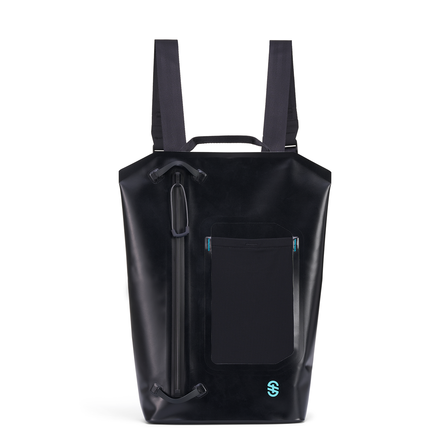 Front view of Backpack with black waterproof shell, vertical zip closure, and front mesh bottle pocket.