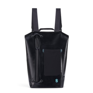 Front view of Backpack with black waterproof shell, vertical zip closure, and front mesh bottle pocket.